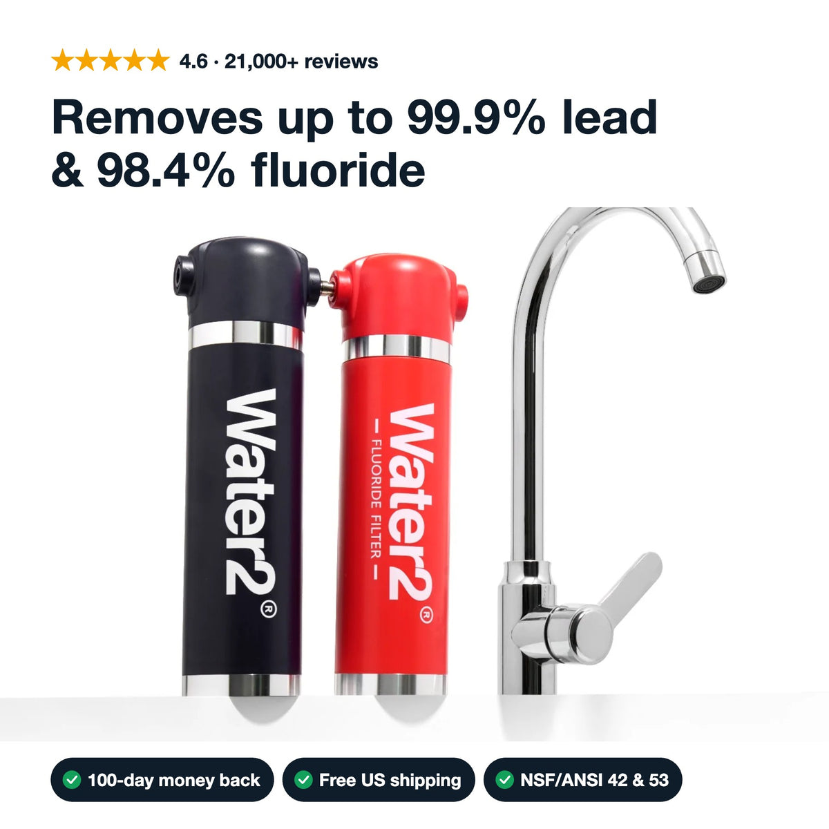 Water2 Pod 2.0 and Fluoride Filter next to a kitchen faucet. Removes up to 99.9% lead and 98.4% fluoride. Rated 4.6 from 21,000+ reviews.